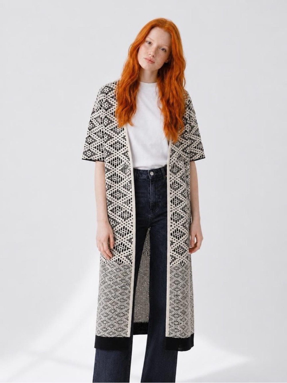 H&M Black & Cream Open-Front Geometric Knit Duster Cardigan